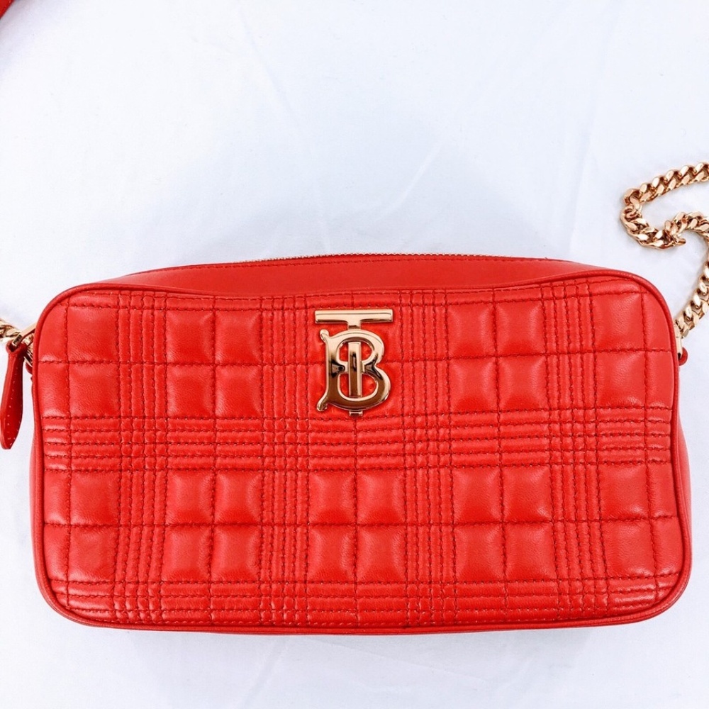 Burberry Lola Bag Bright Red Leather Quilted Check Gold Chain Strap Small - Picture 4 of 16